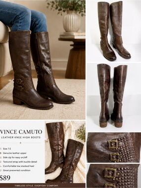 Vince Camuto Leather Knee High Boots 7.5 Brown Riding Buckle Fall Riding Style